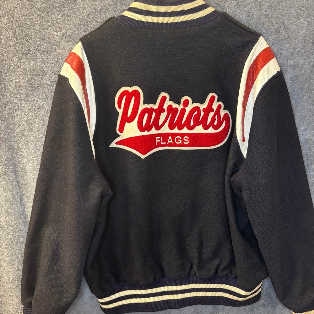 Vintage Patriots Flags Varsity Bomber Jacket Navy Blue Leather Wool XXL Womens